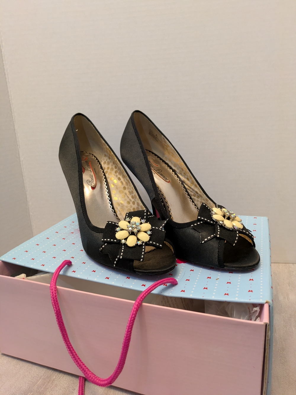 Poetic License Black Peep-Toe Heels with Yellow Floral Jewel 8